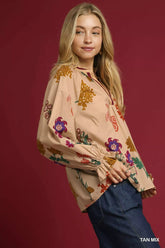 Umgee Floral Print Flounce Sleeve Blouse OutfitFlow